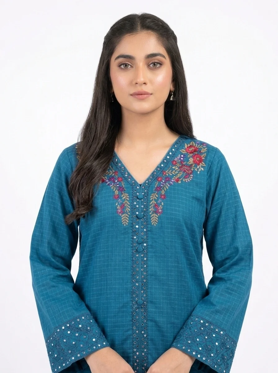 Teal Garden V-Neck Floral Embroidered Lawn Cotton 2 Piece Suit