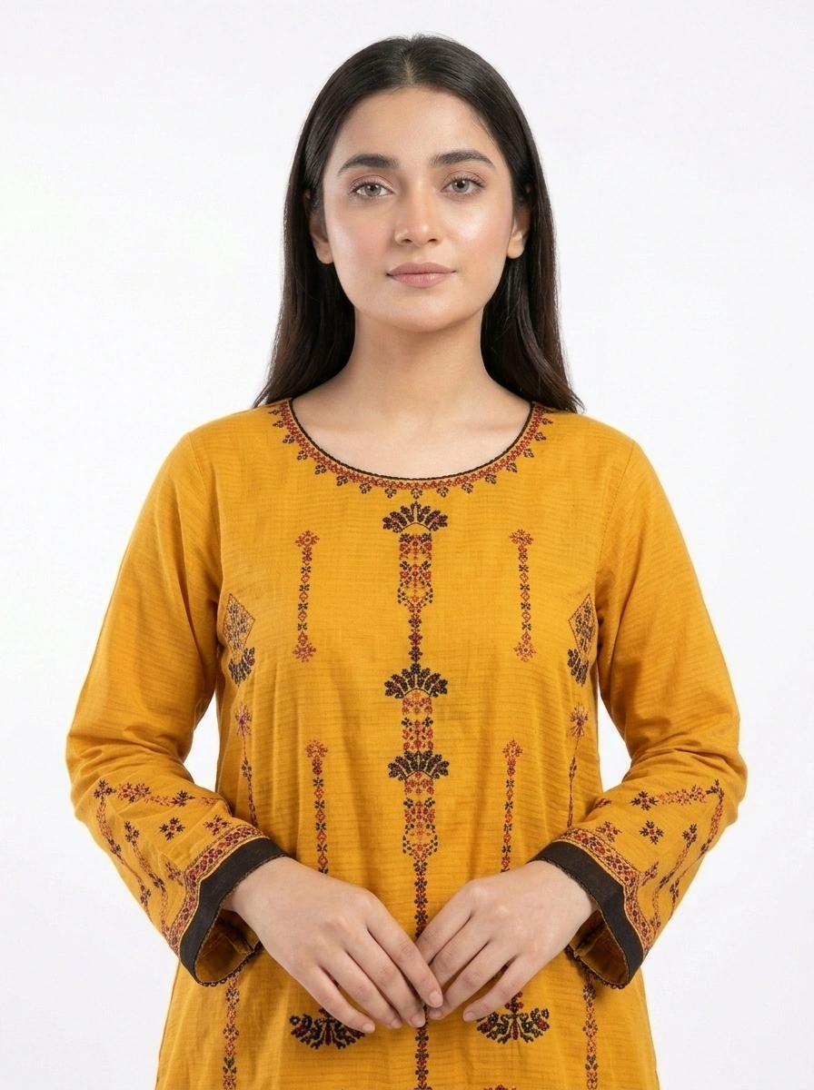 Saffron Mosaic Geometric Embroidered Lawn Cotton 2 Piece Frock Suit