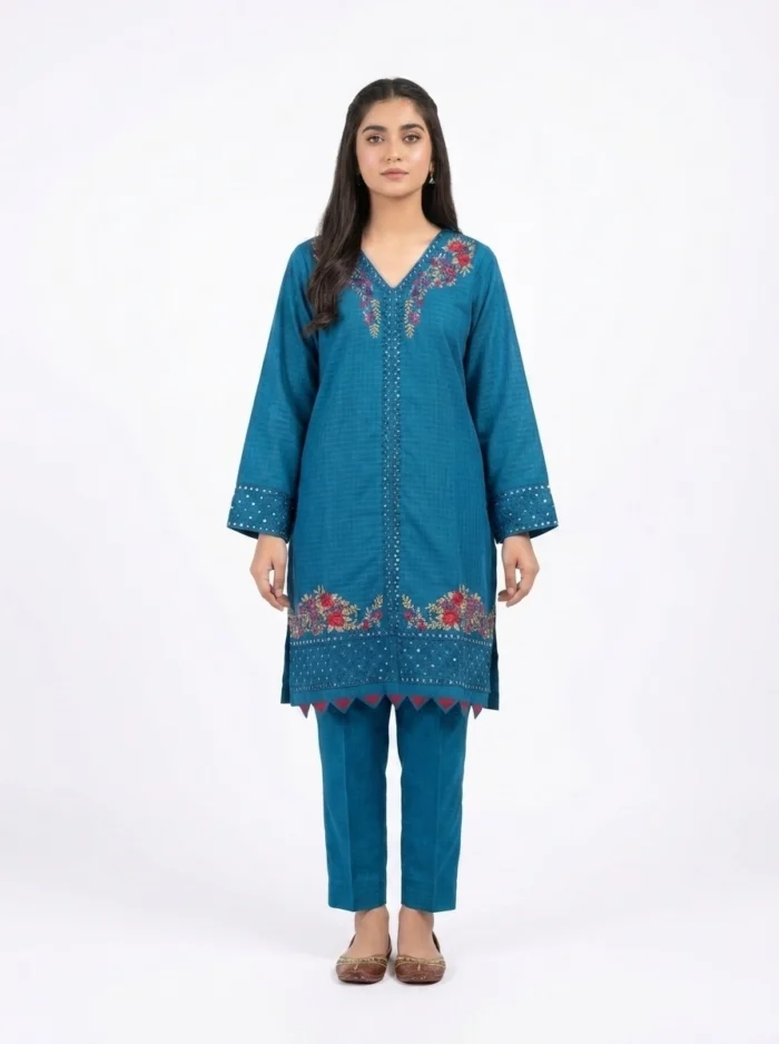 Teal Garden V-Neck Floral Embroidered Lawn Cotton 2 Piece Suit