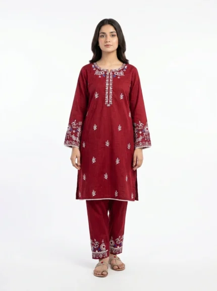 Crimson Charm Floral Embroidered Lawn Suit