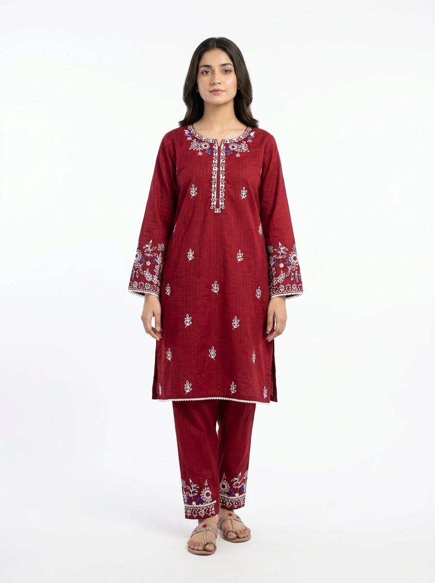 Crimson Charm Floral Embroidered Lawn Suit