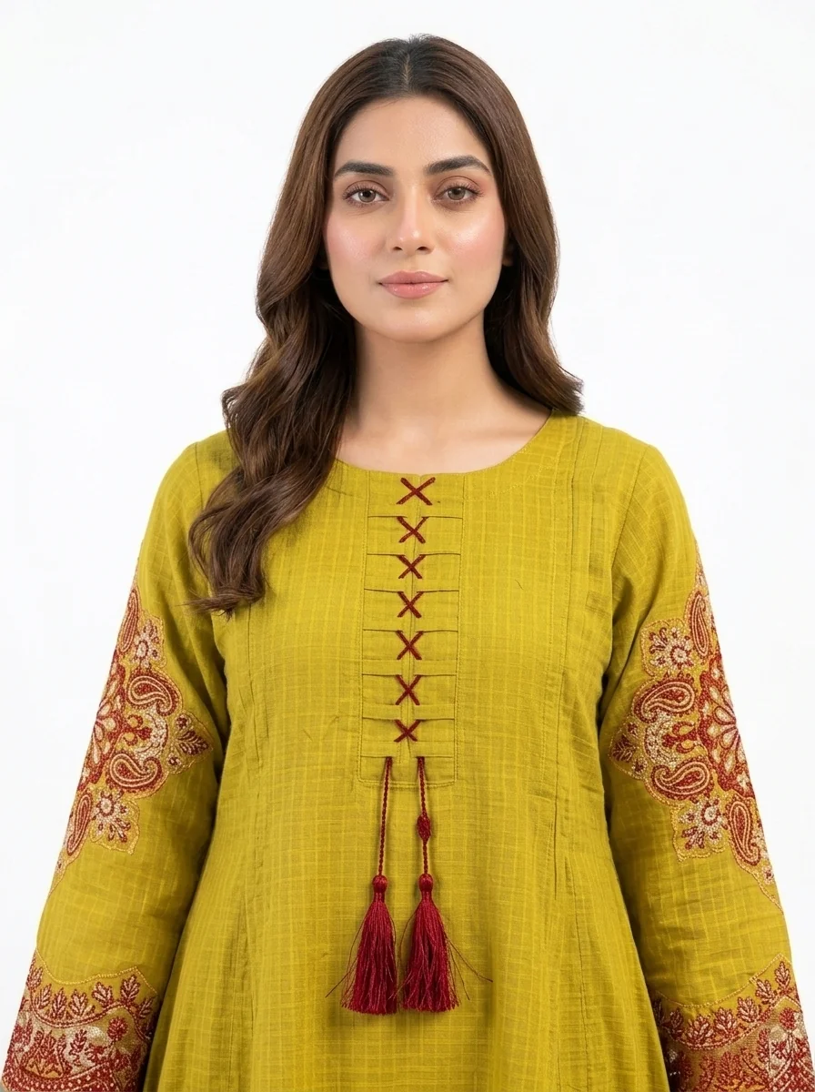Olive Paisley Tassel Embroidered Lawn Cotton 2 Piece A-Line Suit