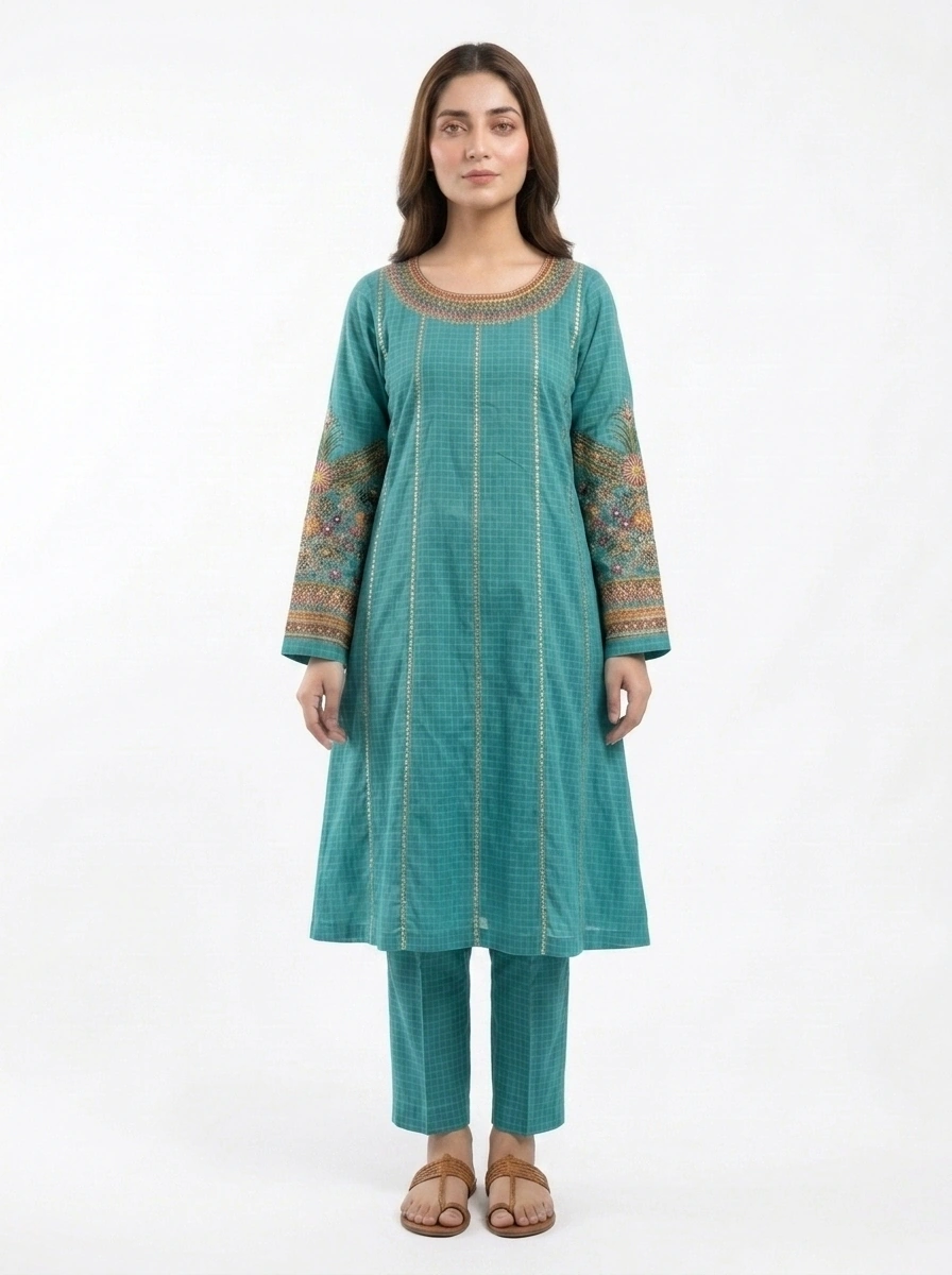 Aqua Teal Heritage Embroidered Lawn Cotton Suit