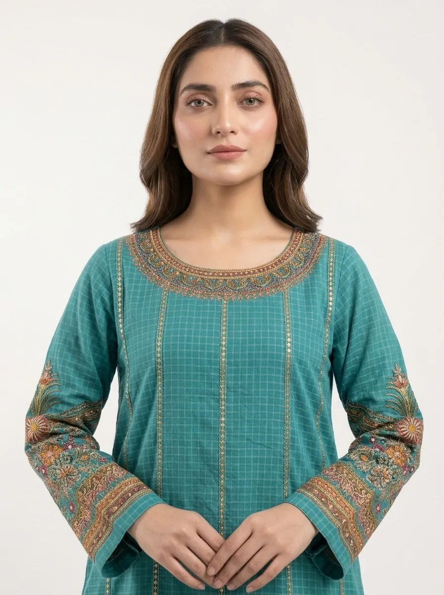 Aqua Teal Heritage Embroidered Lawn Cotton Suit