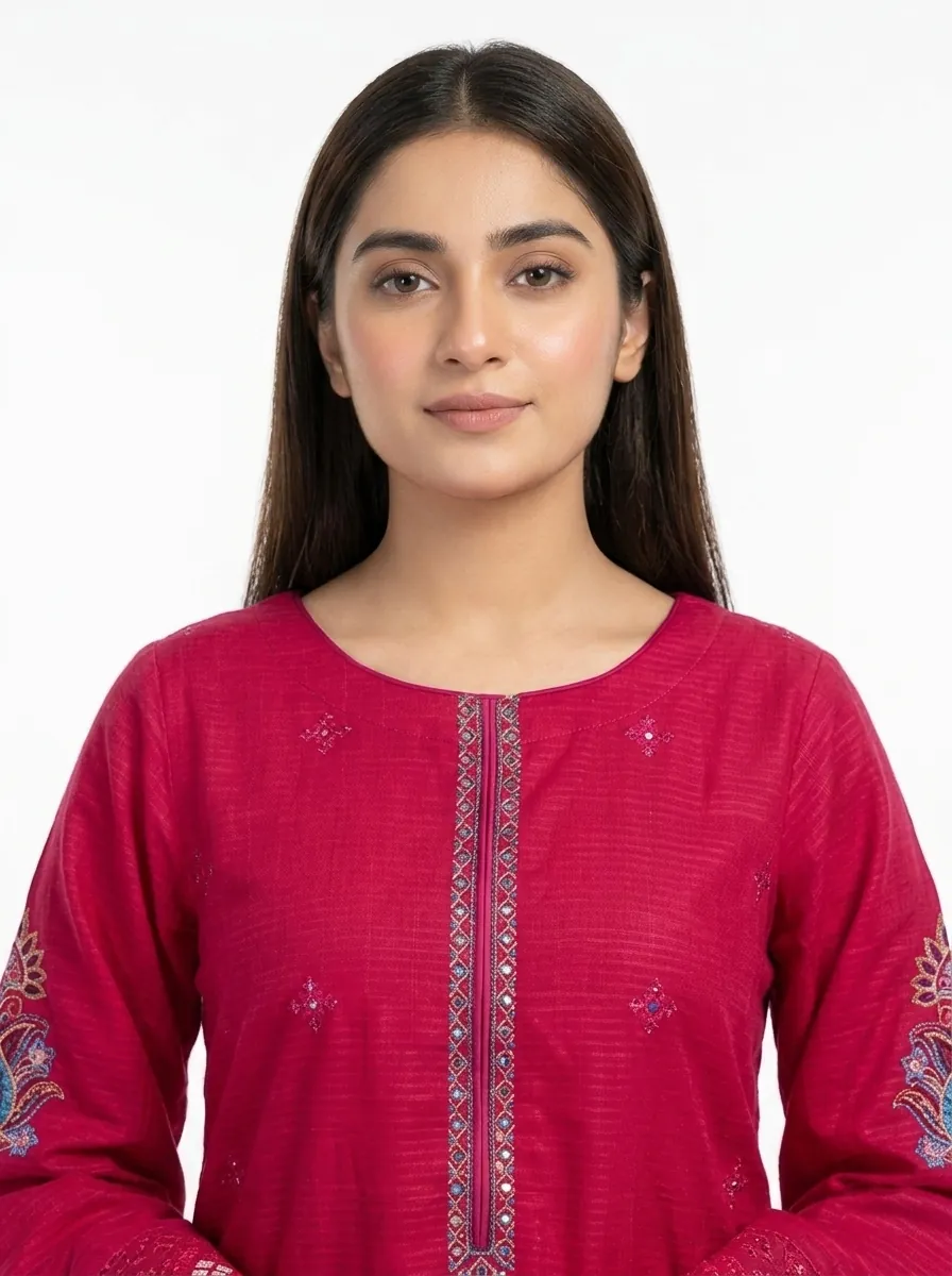 Fuchsia Paisley Cutwork Embroidered Lawn Cotton 2 Piece Suit for Women