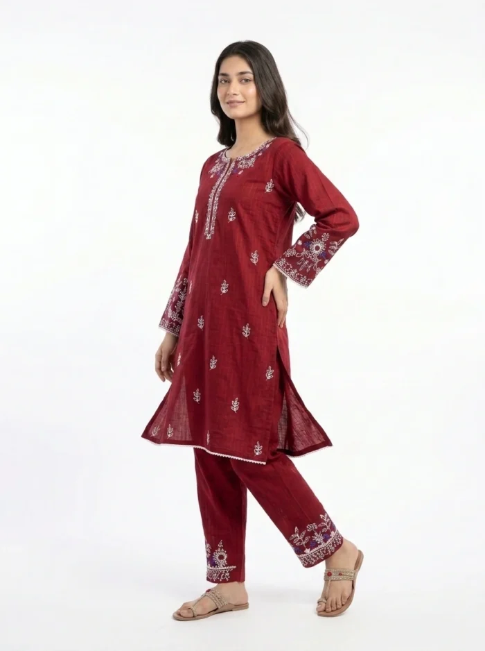 Crimson Charm Floral Embroidered Lawn Suit