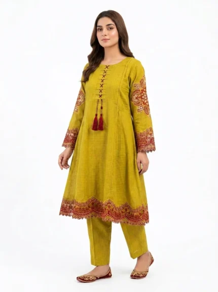 Olive Paisley Tassel Embroidered Lawn Cotton 2 Piece A-Line Suit
