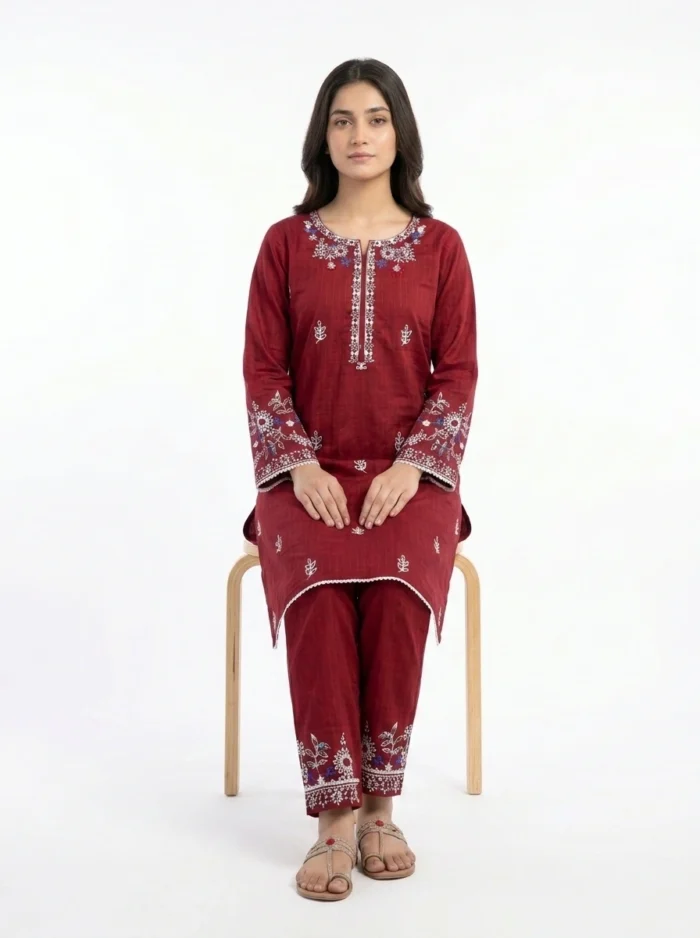 Crimson Charm Floral Embroidered Lawn Suit