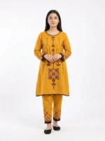Saffron Mosaic Geometric Embroidered Lawn Cotton 2 Piece Frock Suit