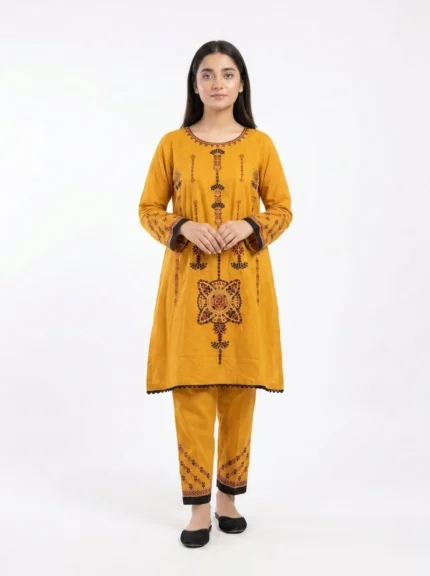 Saffron Mosaic Geometric Embroidered Lawn Cotton 2 Piece Frock Suit