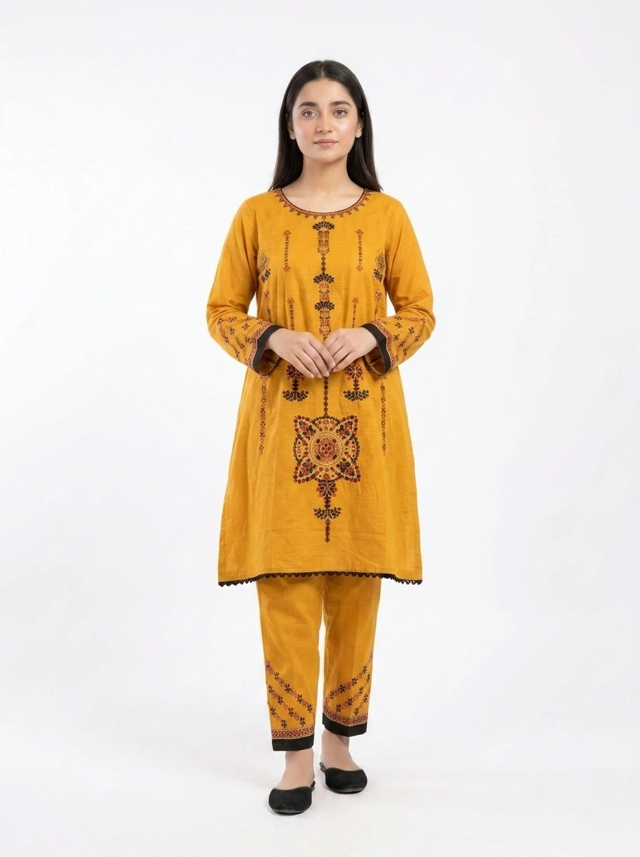 Saffron Mosaic Geometric Embroidered Lawn Cotton 2 Piece Frock Suit
