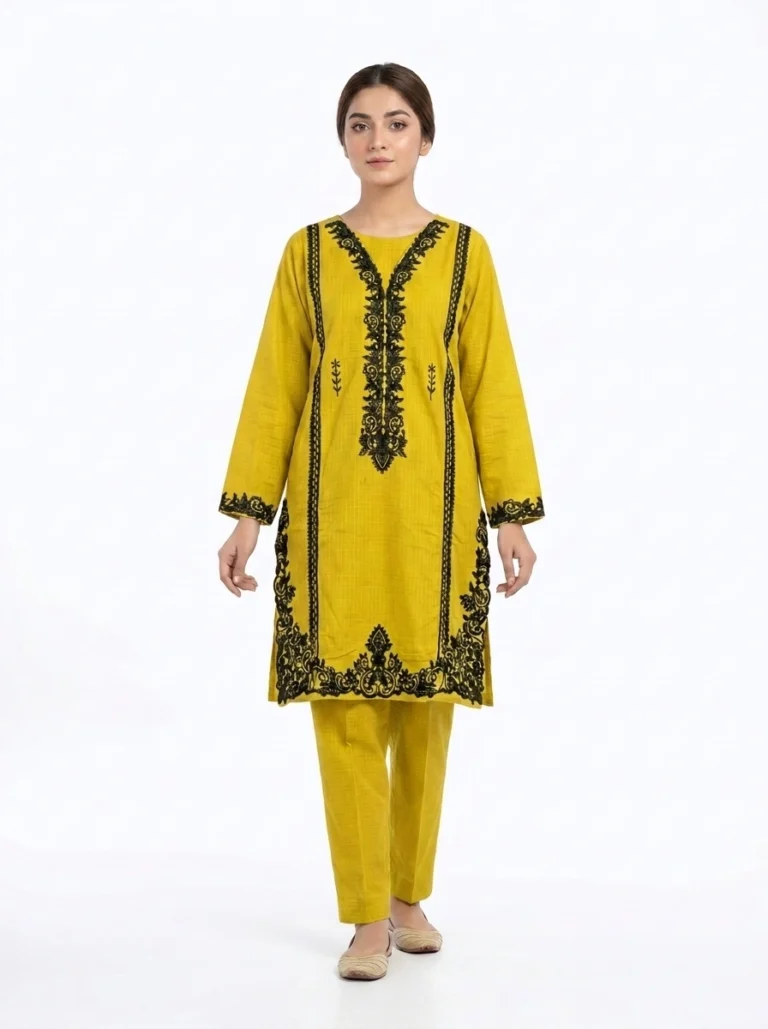 2 PC Stitched Mustard Lattice Lawn