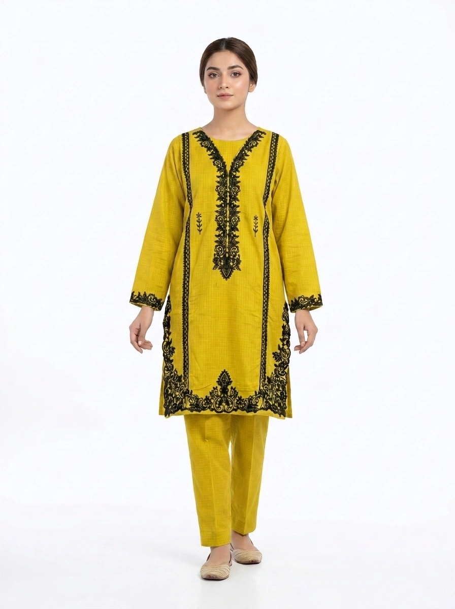 Mustard Lattice Ornamental Embroidered Lawn Cotton 2 Piece Suit