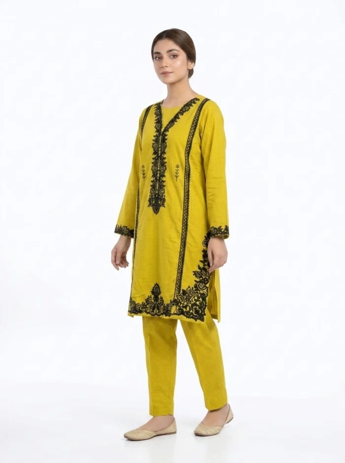 Mustard Lattice Ornamental Embroidered Lawn Cotton 2 Piece Suit