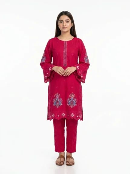 Fuchsia Paisley Cutwork Embroidered Lawn Cotton 2 Piece Suit for Women