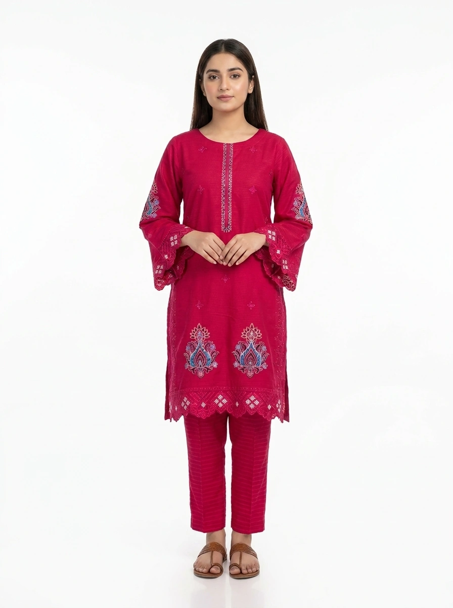 Fuchsia Paisley Cutwork Embroidered Lawn Cotton 2 Piece Suit for Women