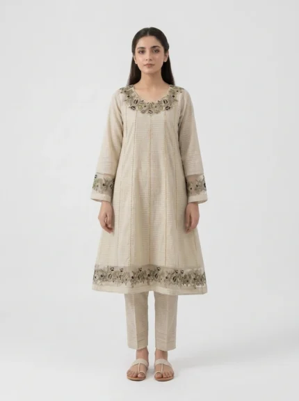 Ivory Bloom Floral Embroidered Lawn Cotton 2 Piece Suit for Women