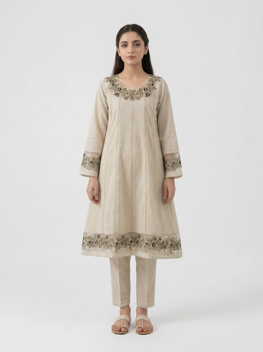 Ivory Bloom Floral Embroidered Lawn Cotton 2 Piece Suit for Women