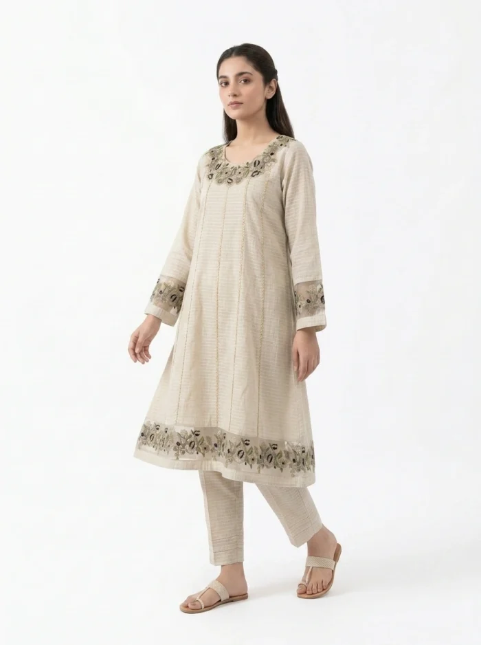 Ivory Bloom Floral Embroidered Lawn Cotton 2 Piece Suit for Women
