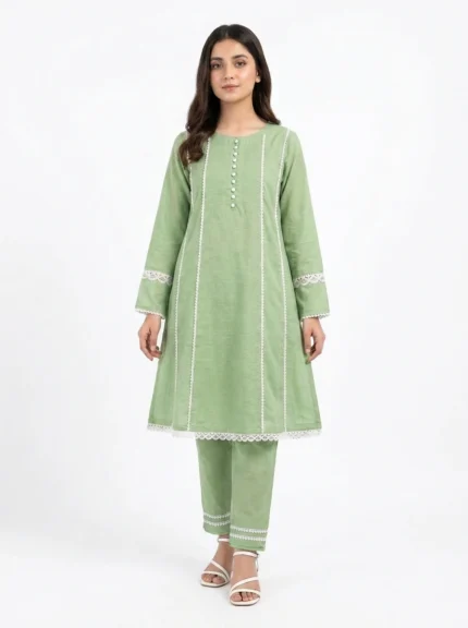 Mint Pearl Lace-Trimmed Lawn Cotton 2 Piece A-Line Suit