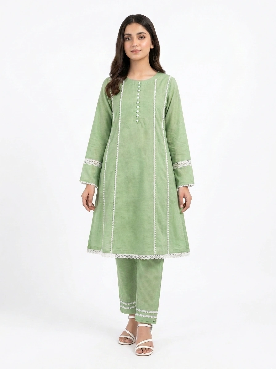 Mint Pearl Lace-Trimmed Lawn Cotton 2 Piece A-Line Suit