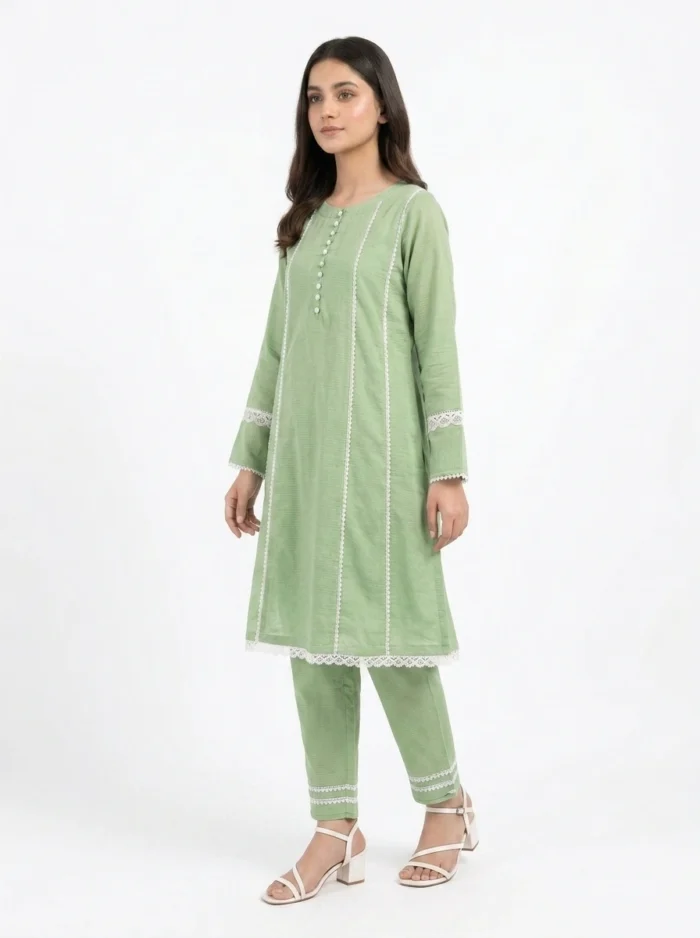 Mint Pearl Lace-Trimmed Lawn Cotton 2 Piece A-Line Suit