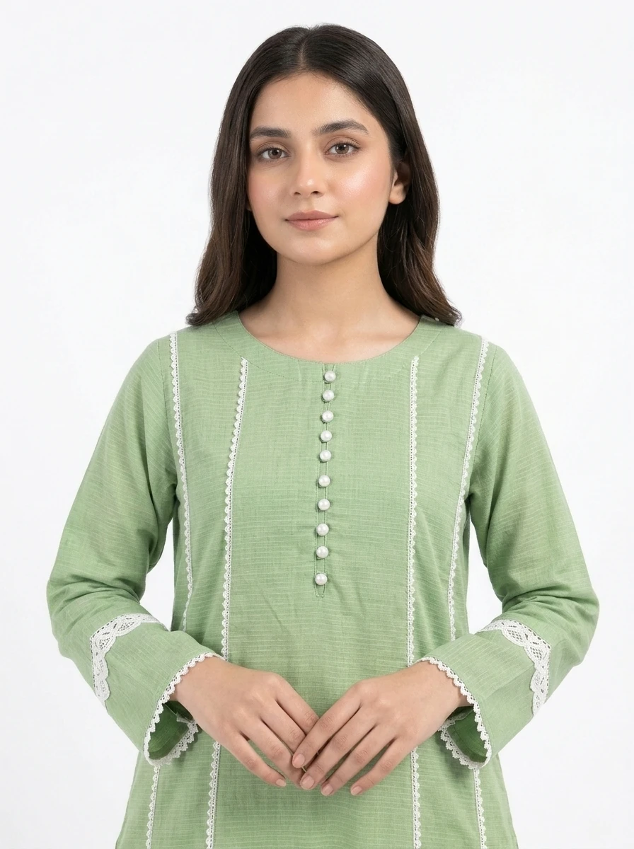 Mint Pearl Lace-Trimmed Lawn Cotton 2 Piece A-Line Suit