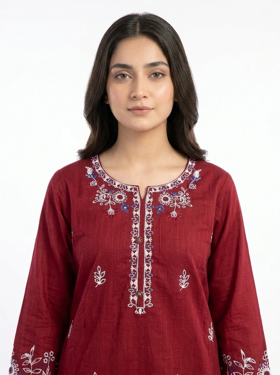 Crimson Charm Floral Embroidered Lawn Suit