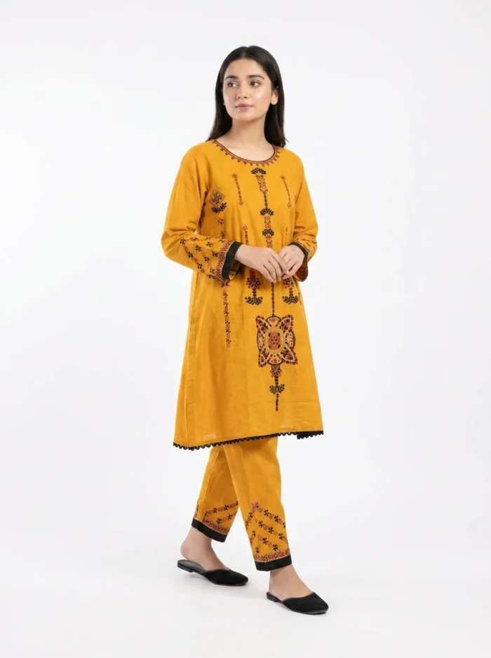 Saffron Mosaic Geometric Embroidered Lawn Cotton 2 Piece Frock Suit