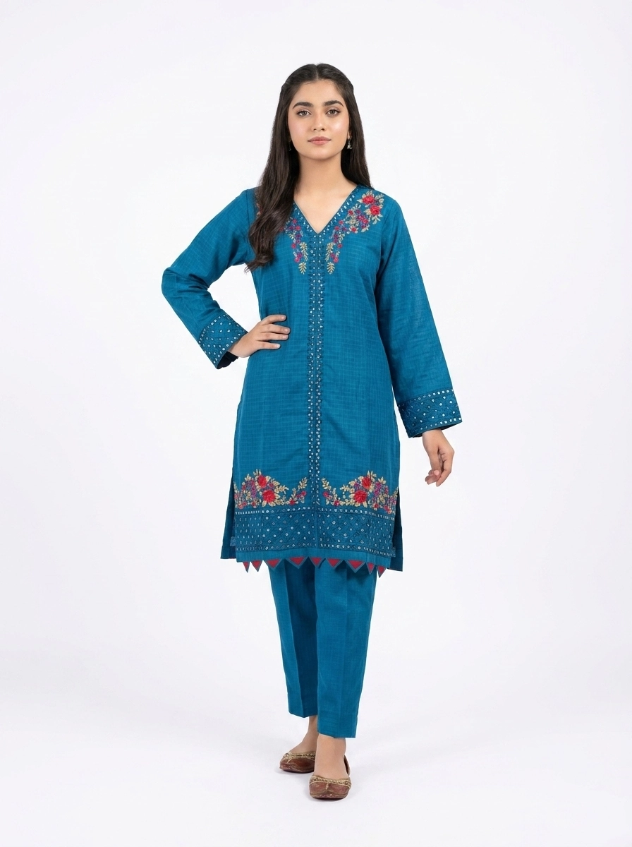 Teal Garden V-Neck Floral Embroidered Lawn Cotton 2 Piece Suit