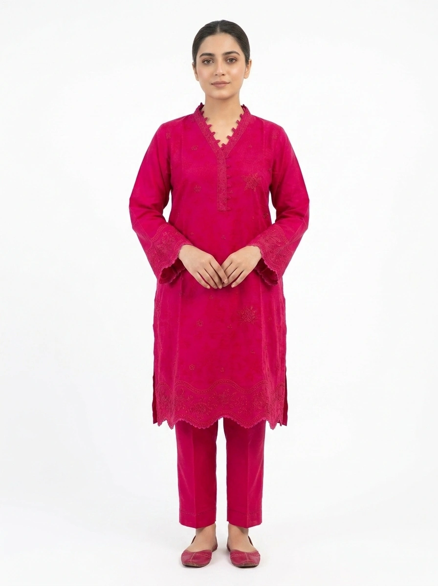 Magenta Bloom Scalloped Embroidered Lawn Cotton 2 Piece Suit