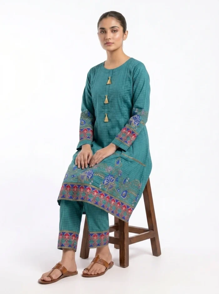 Teal Garden V-Neck Floral Embroidered Lawn Cotton 2 Piece Suit