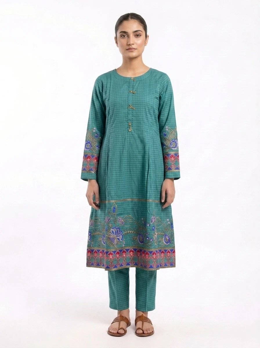Teal Garden V-Neck Floral Embroidered Lawn Cotton 2 Piece Suit