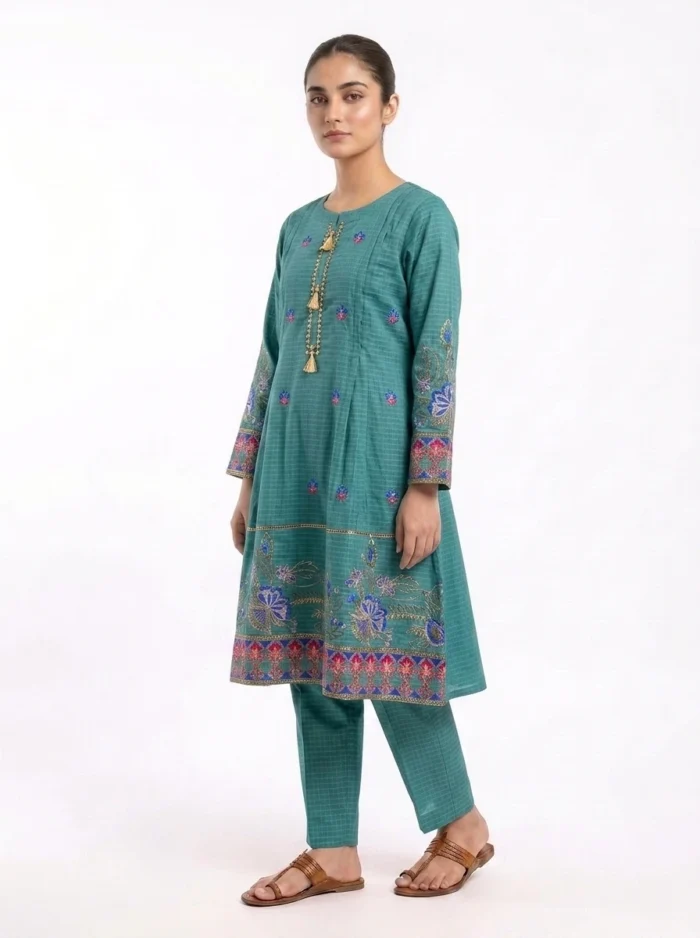 Teal Garden V-Neck Floral Embroidered Lawn Cotton 2 Piece Suit