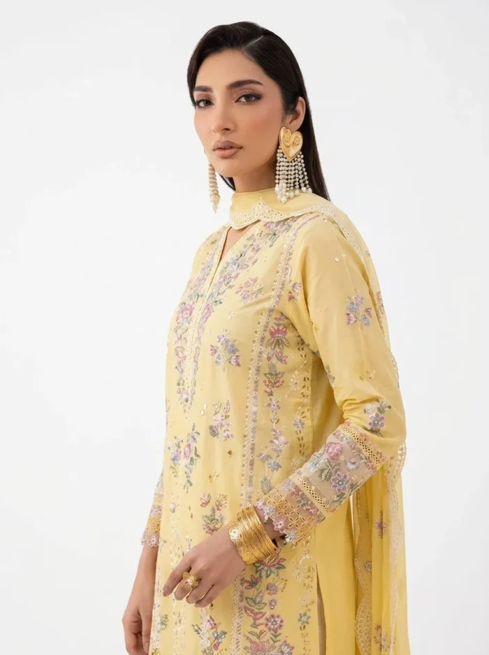 3PC Stitched Mehr Yellow Lawn Scalloped Chiffon Dupatta Details