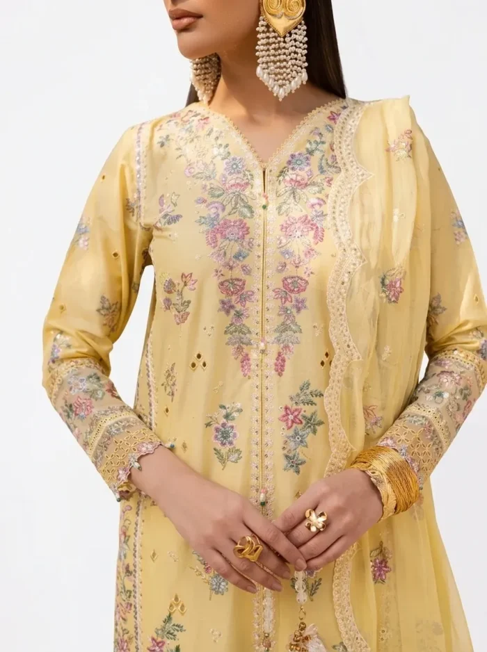 3PC Stitched Mehr Yellow Lawn Intricate Floral Embroidery Detail
