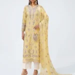 3PC Stitched Mehr Yellow Lawn Suit Front Pose - Embroidered Pakistani Women Pret