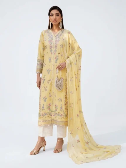 3PC Stitched Mehr Yellow Lawn Suit Front Pose - Embroidered Pakistani Women Pret