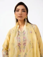 3PC Stitched Mehr Yellow Lawn Sitting Angle and Fabric Fall