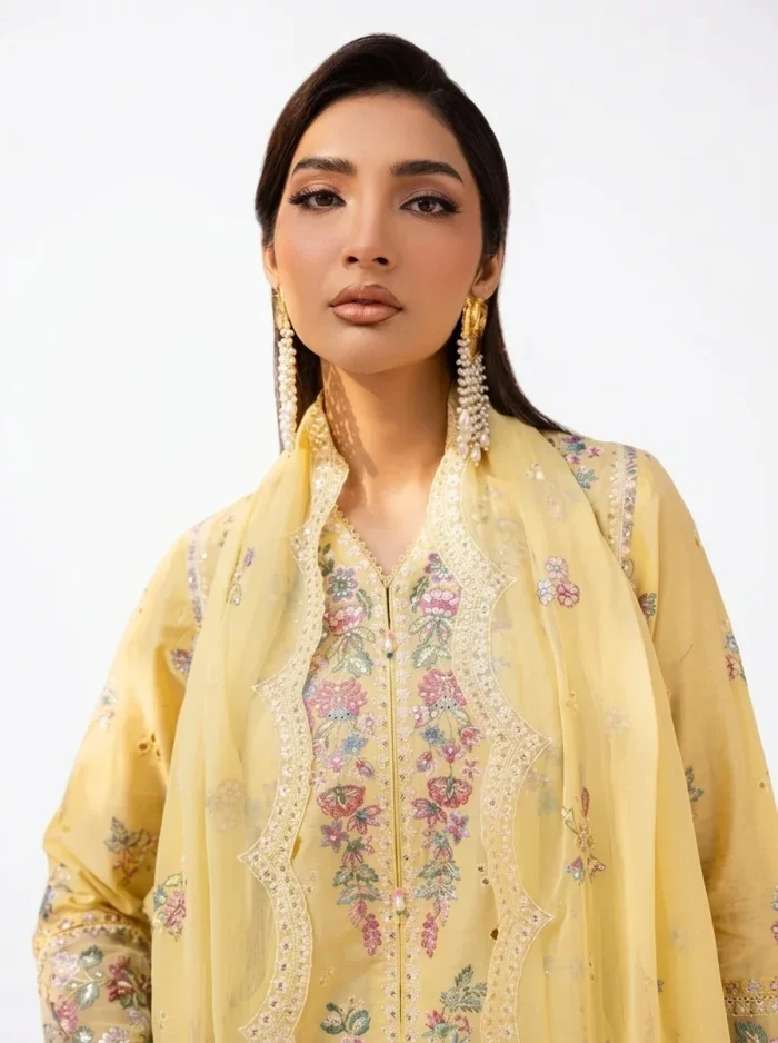 3PC Stitched Mehr Yellow Lawn Sitting Angle and Fabric Fall