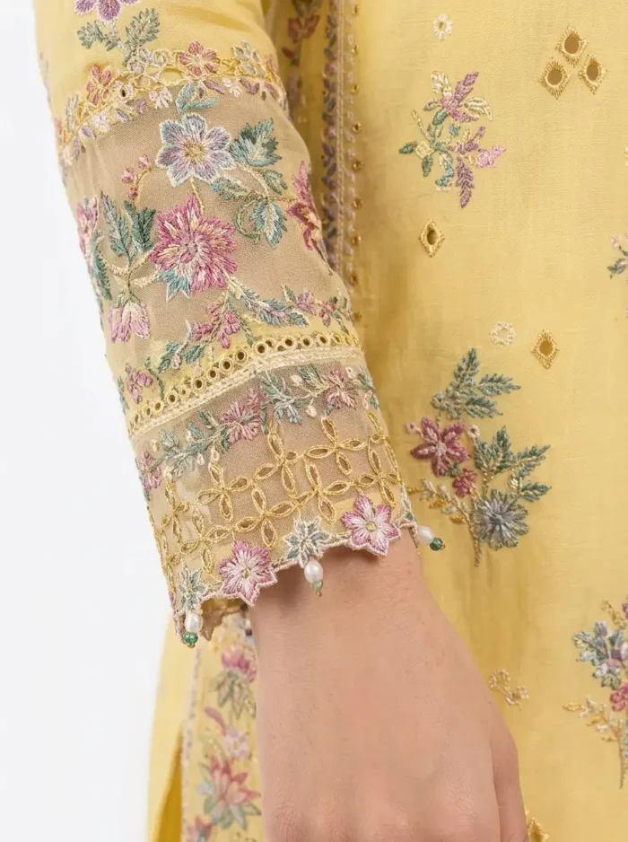 3PC Stitched Mehr Yellow Lawn Sleeve Boring Cutwork & Pearl Trimmings