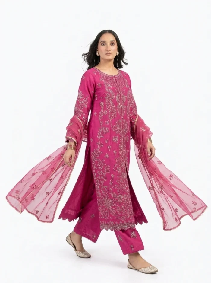 3PC Stitched Rani Pink Silk