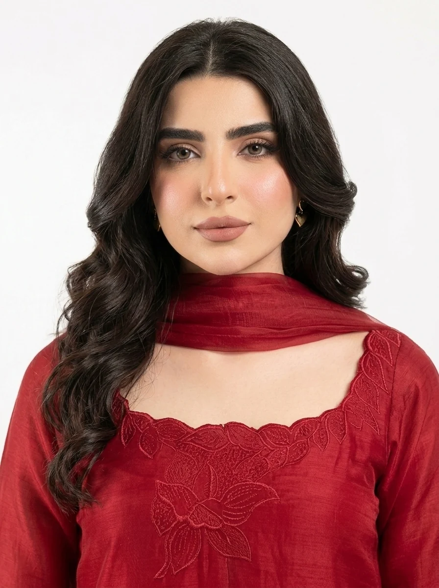 3PC Stitched Ruby Red Silk