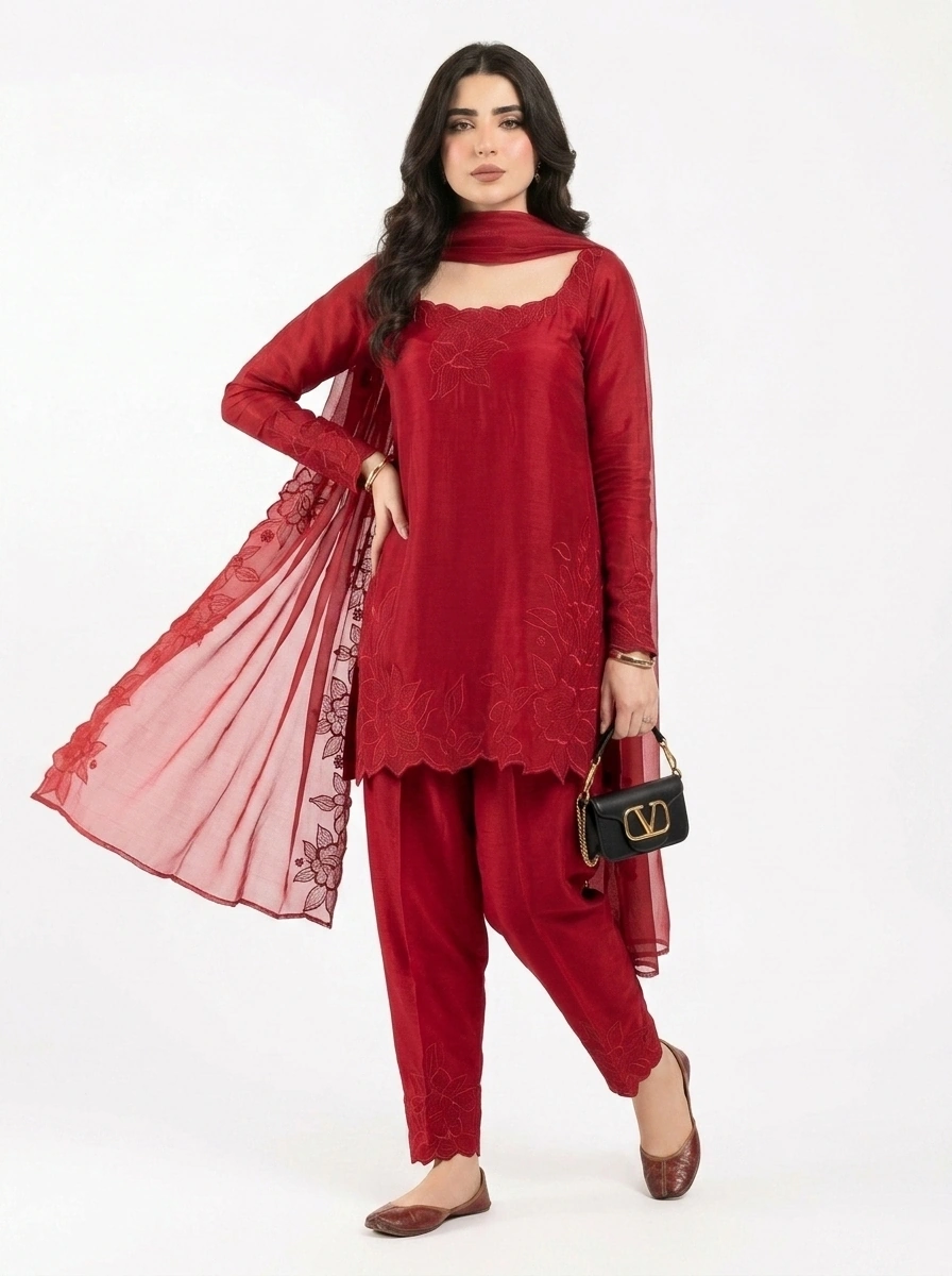 3PC Stitched Ruby Red Silk