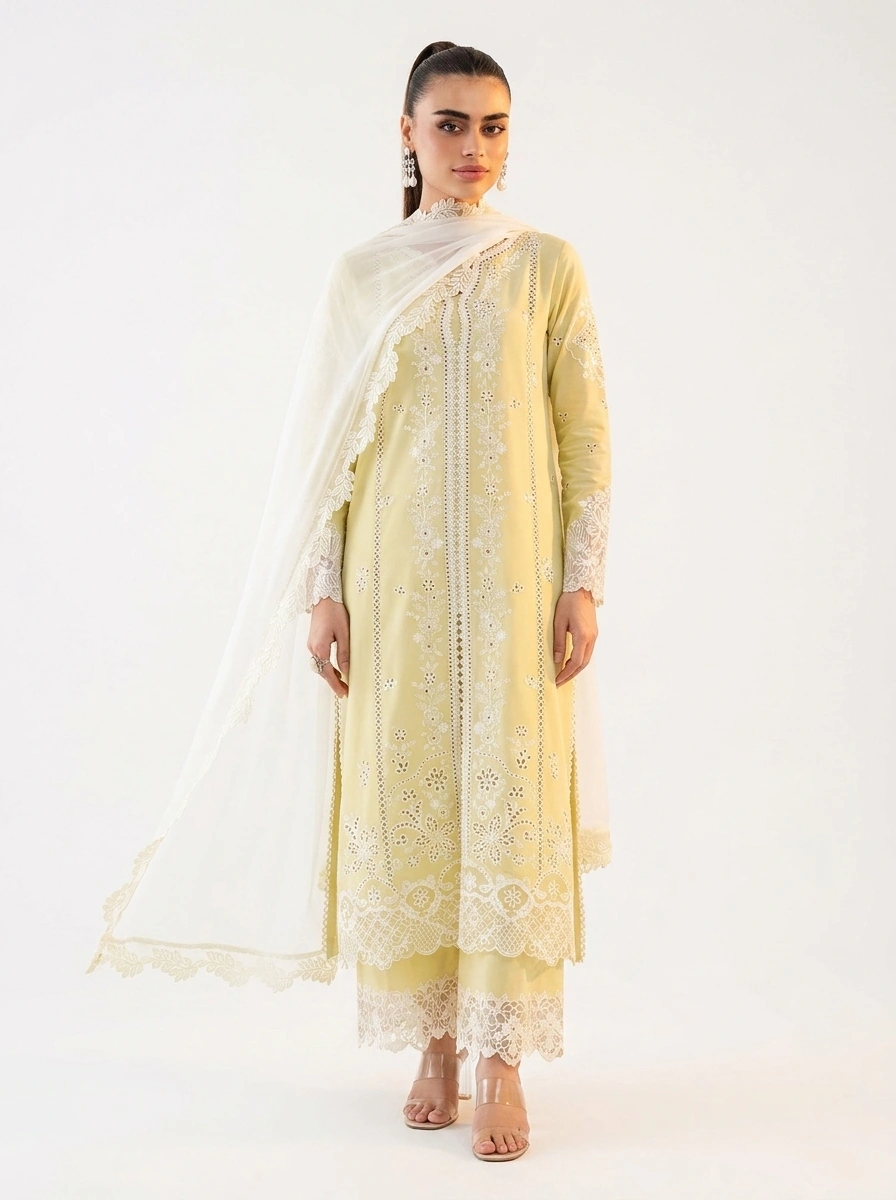 3PC Stitched Amara Yellow Lawn