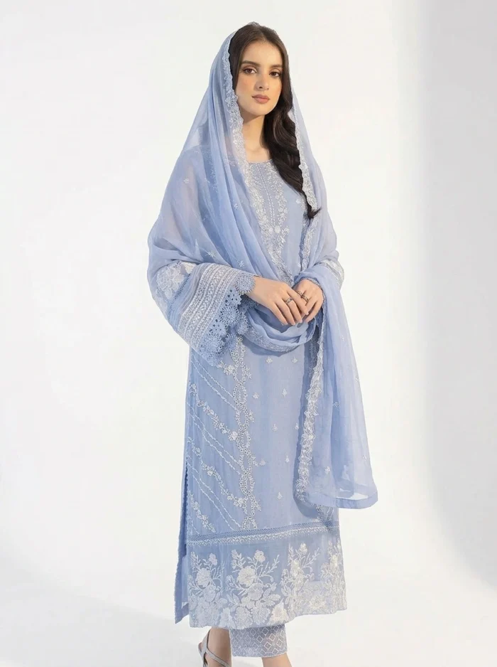 3PC Stitched Fairy Blue Organza