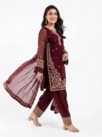3 PC Stitched Berry Dusk Khadi Net Suit