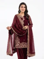 3 PC Stitched Berry Dusk Khadi Net Suit