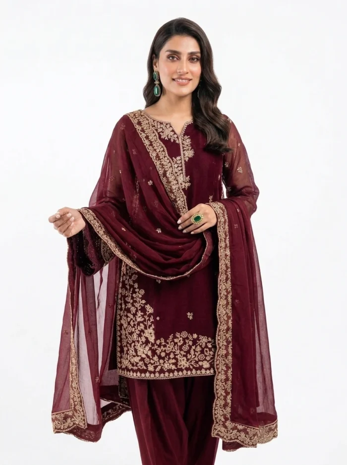 3 PC Stitched Berry Dusk Khadi Net Suit