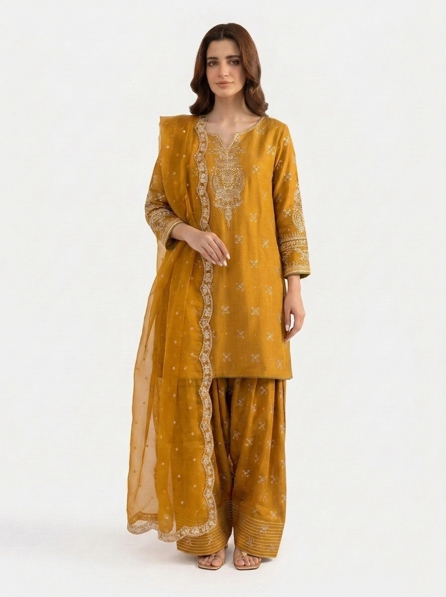 3PC Stitched Zoya Mustard Cotton